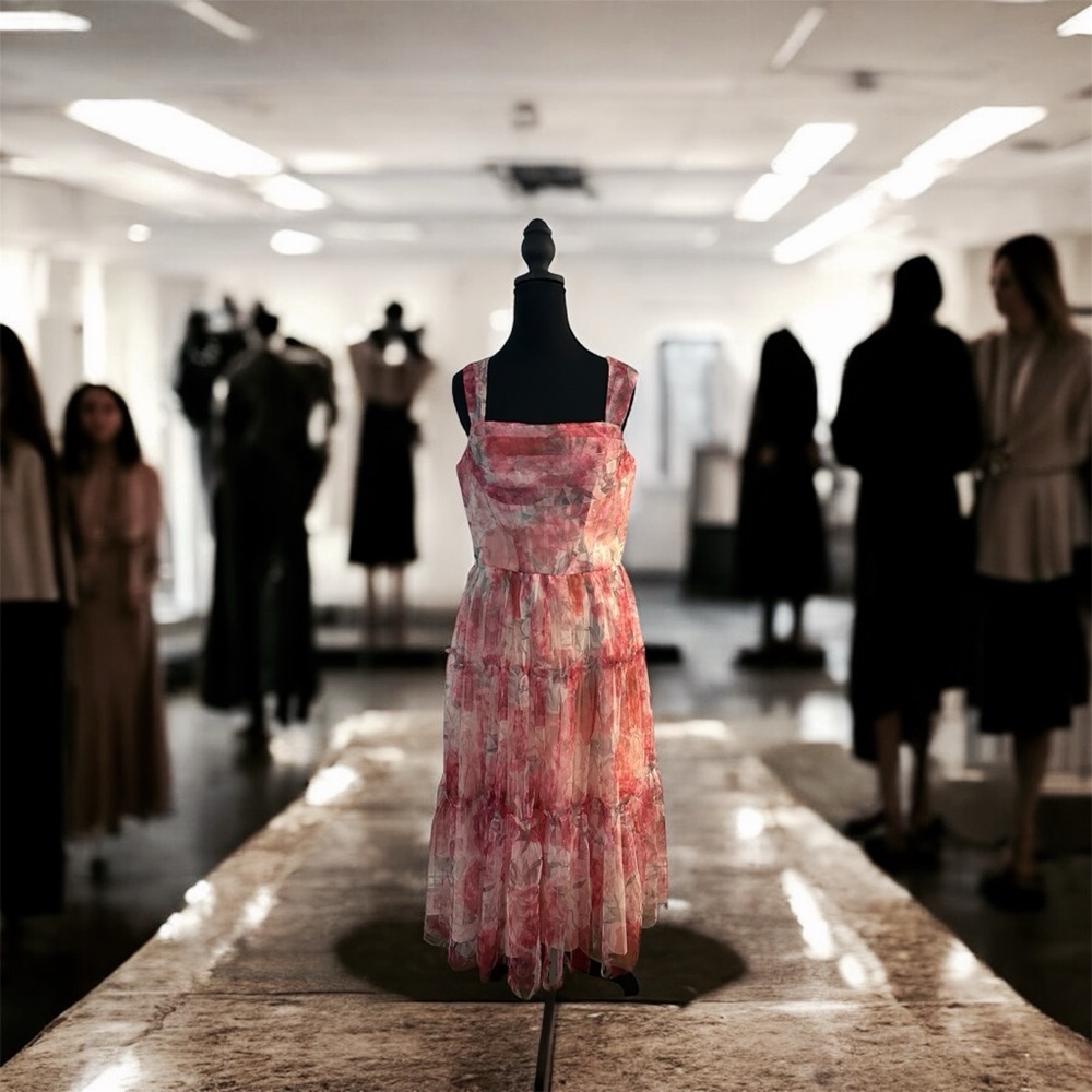 NWT Tulle Pink Floral Midi Dress